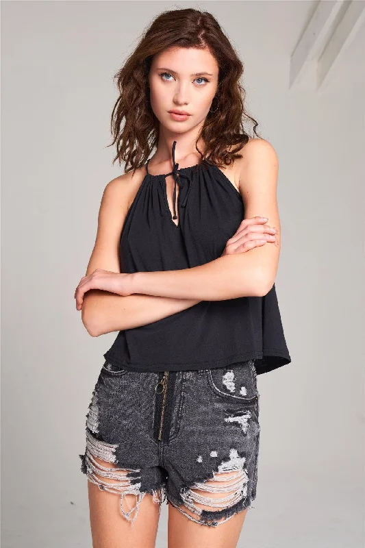 Discount Deals Black Sleeveless Halter Neck Self-Tie Front Drawstring Loose Fit Top