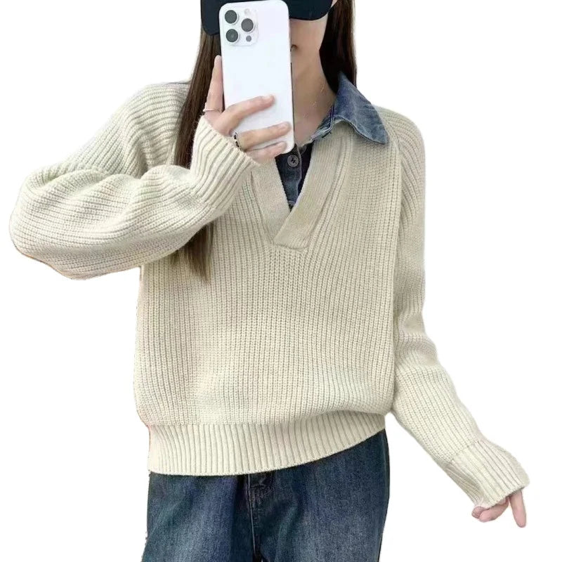 Shop and Save 2024 spring new arrivals best-selling lapel long-sleeved loose fashion women solid color vintage jacquard knit pullover sweater