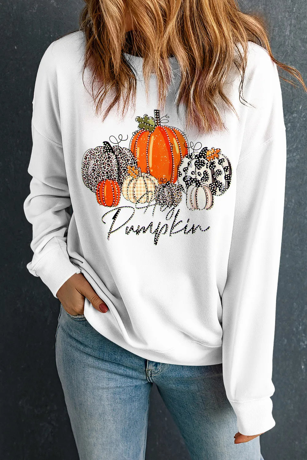 Lowest Price Pumpkin Graphic Round Neck Dropped Shoulder Women's Sweatshirt