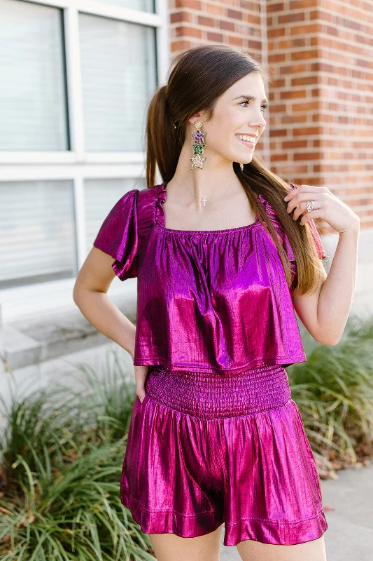 Grand Opening Sale Purple Metallic Short Set