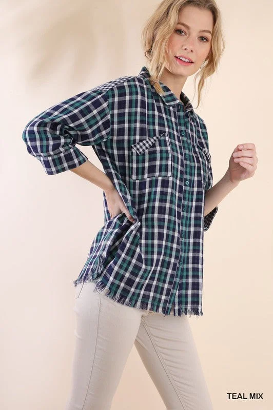 Weekend Price Cuts Galore Faux Distressed Plaid Button Up