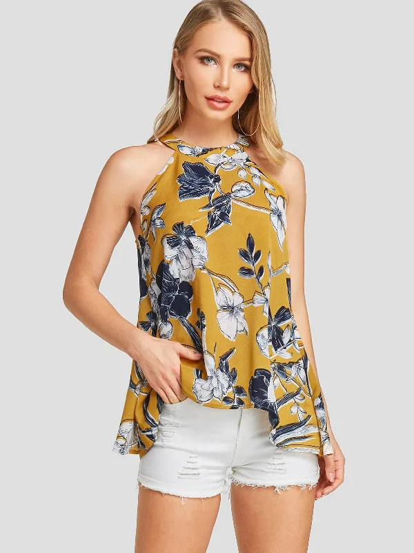 Limited Supply Wholesale Halter Floral Print Hollow Sleeveless Yellow Camis