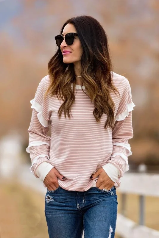Bonus Offer Brigitte Brianna Striped Ruffle Sleeve Sweatshirt