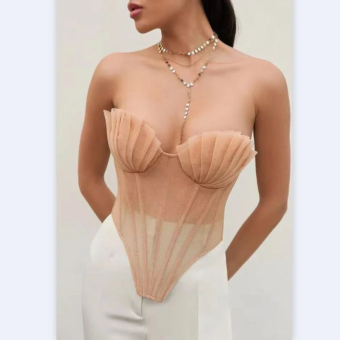 Limited Edition Shell Pleated Three-Dimensional Fishbone Strap Mesh Crop Tops Wholesale Women'S Tops Limited Edition Shell Pleated Three-Dimensional Fishbone Strap Mesh Crop Tops Wholesale Women'S Tops