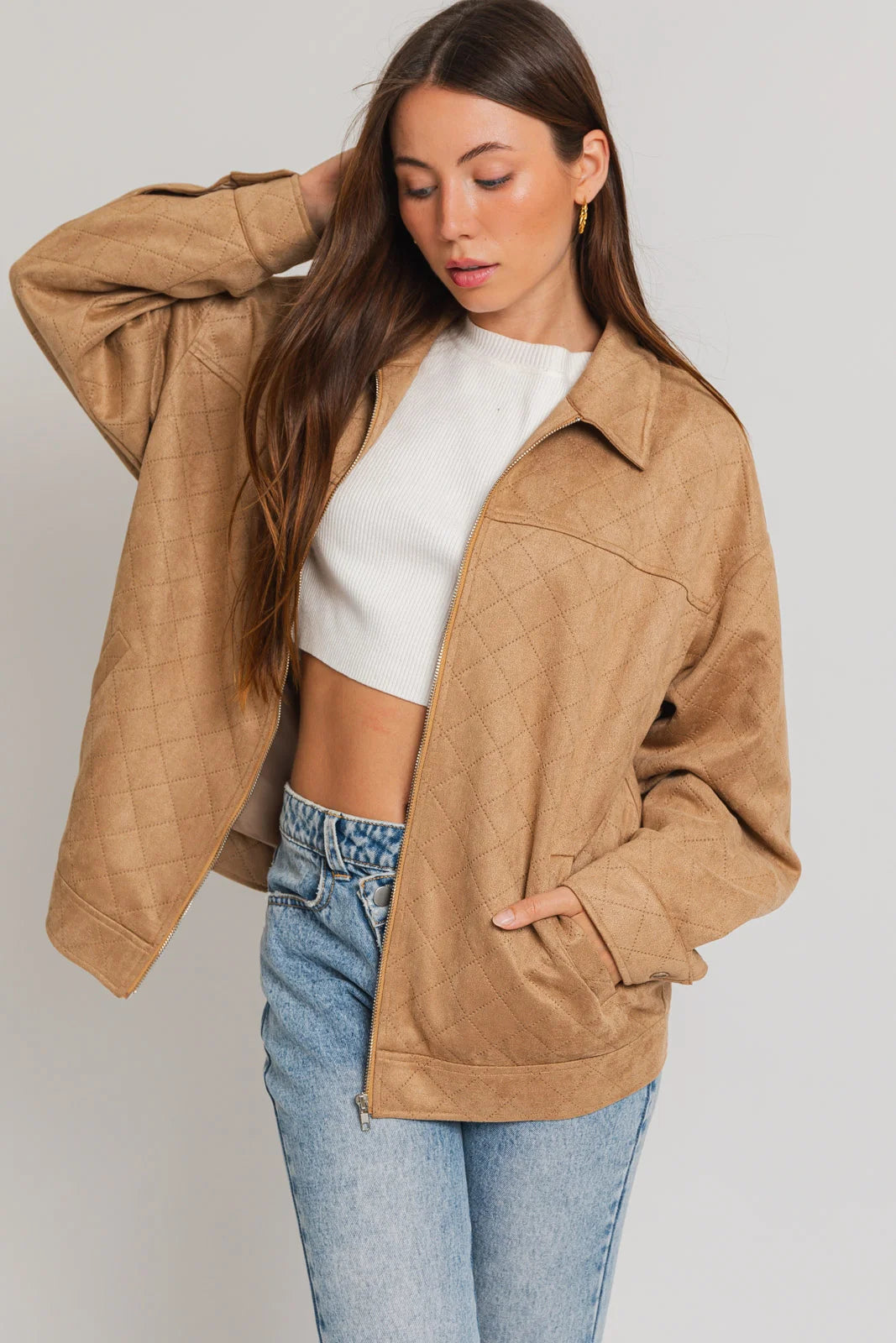 Weekend Shopping Made Better Diamond Quilted Suede Front Zipper Collared Jacket