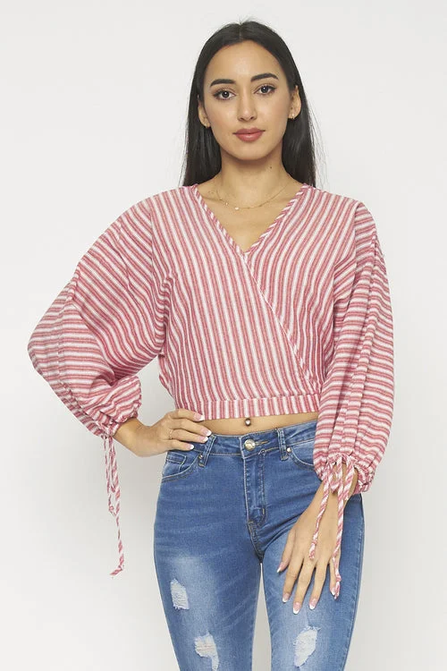 Best Bargains Surplice Pin Striped Wrap Top with Balloon Sleeves and Wrist Ties (T15255)