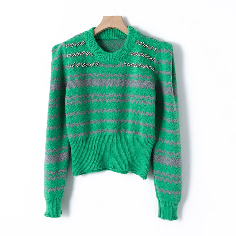 Final Offer 2024 Spring fashionable women crew neck long sleeve beading pullover jacquard sweater jumper Final Offer 2024 Spring fashionable women crew neck long sleeve beading pullover jacquard sweater jumper