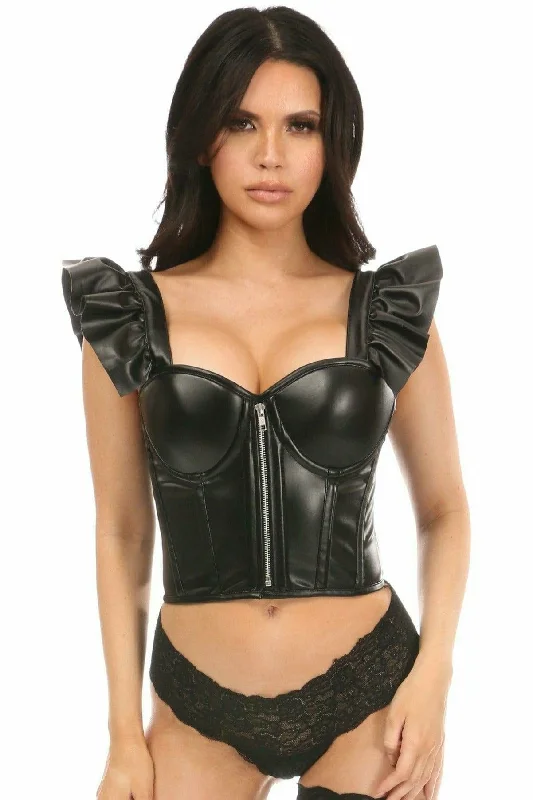 Special Promotion Sexy Black Faux Leather Bustier Top with Ruffle Sleeves