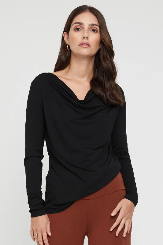 Quick Deals Long Sleeve Cowl Neck Top - Black