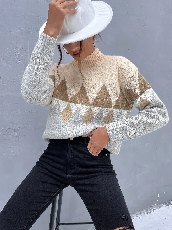 Unbeatable Deal Casual Geometric Long Sleeve High Neck Regular Women Sweater