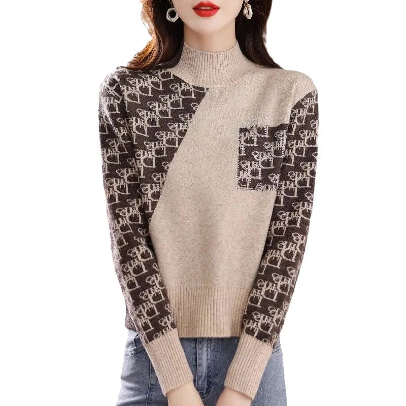 One-Day Only 2024 spring high-quality best-selling semi-high-neck long sleeve slim striped plaid jacquard women's knitwear One-Day Only 2024 spring high-quality best-selling semi-high-neck long sleeve slim striped plaid jacquard women's knitwear