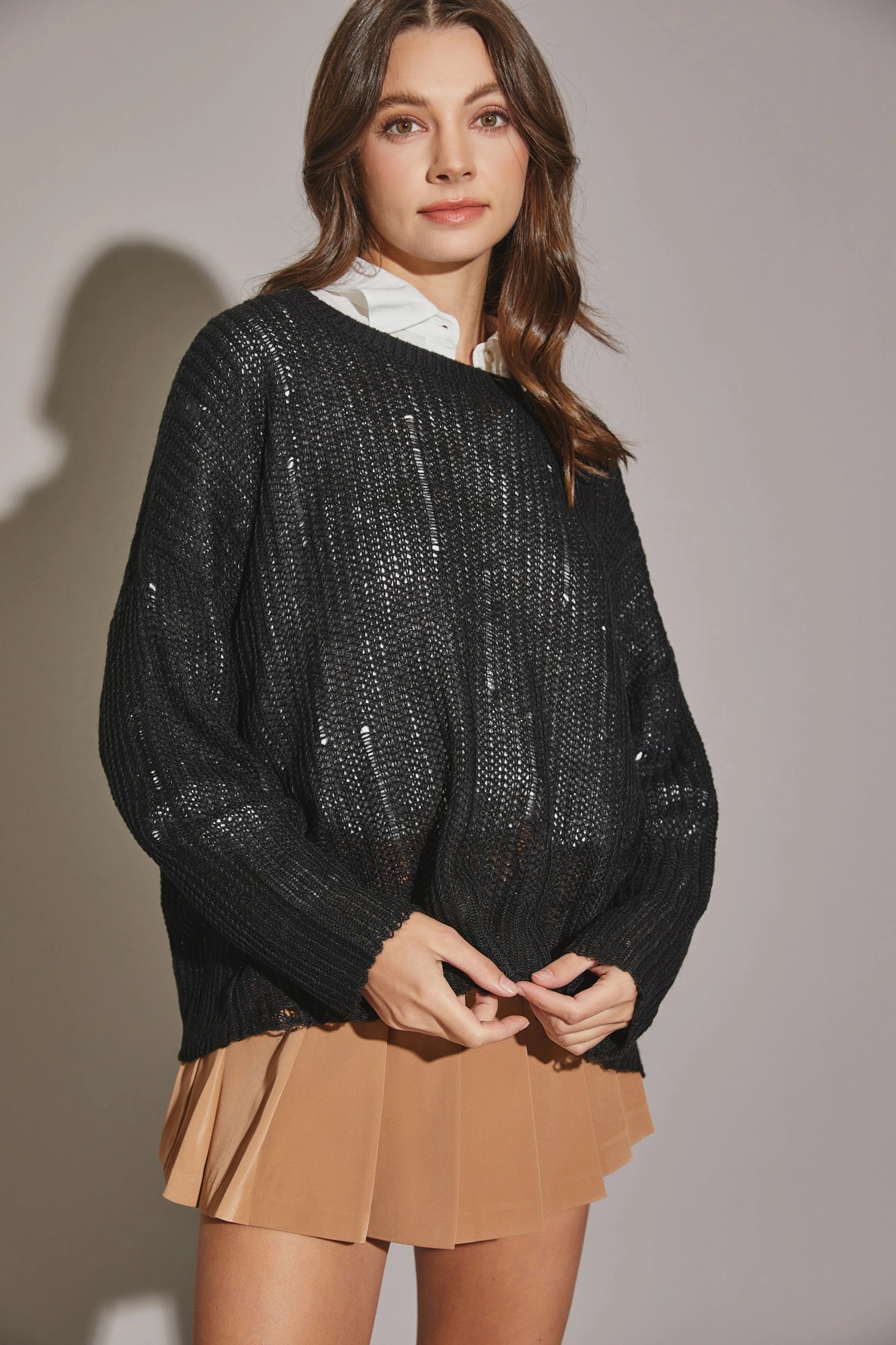 Instant Savings Long Sleeve Loose Fit Distressed Sweater