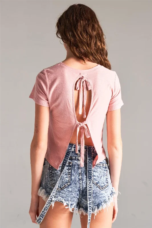 Crazy Deals Misty Rose Short Sleeve Cut-Out Back Self-Tie Back Tee