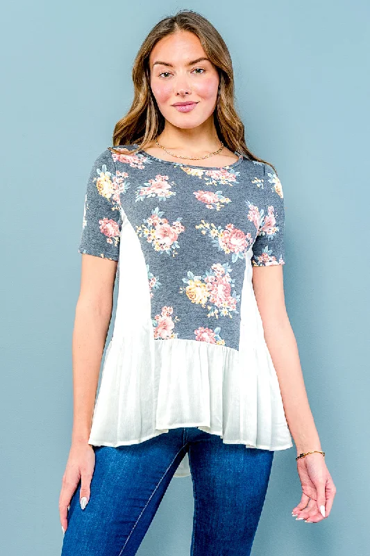 Take Advantage Floral Cream Colorblock Roun Neck Short Sleeve Tunic Top (D72082-FT054)