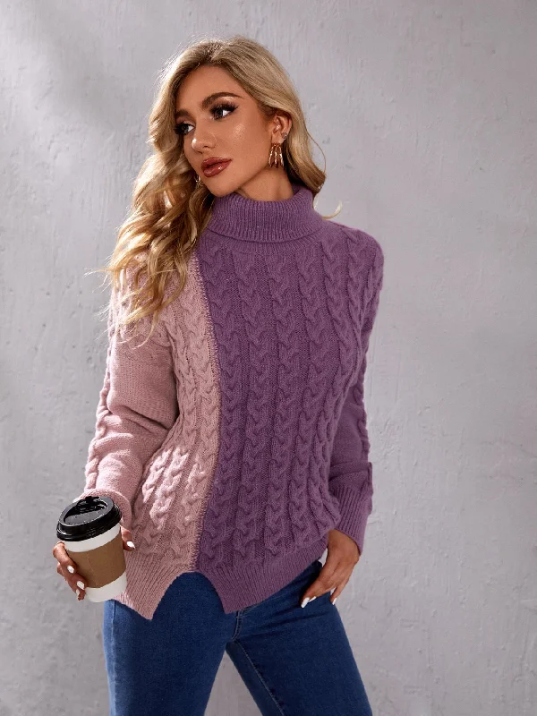 Weekend Offers That Excite Casual Colorblock Split Long Sleeve High Neck Slit Long Women Sweater Weekend Offers That Excite Casual Colorblock Split Long Sleeve High Neck Slit Long Women Sweater