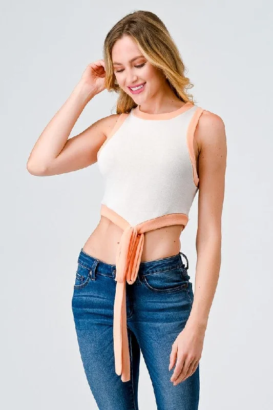 YEAR-End Clearance Ivory & Peach Sleeveless Tie Hem Crop Tank Top /1-2-2-1
