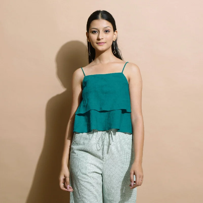 Online Exclusive Pine Green Cotton Linen Camisole Crop Top