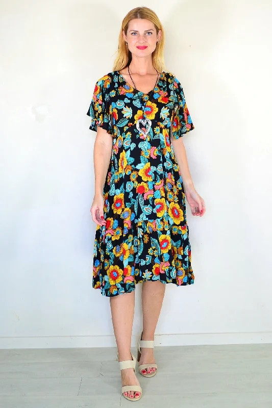 Mega Sale Black Flower Flutter Sleeve Tunic Dress