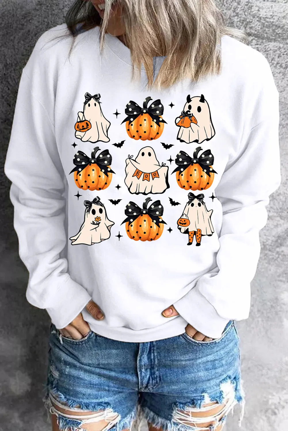 Hurry In Pumpkin & Ghost Round Neck Long Sleeve Women's Graphic Sweatshirt