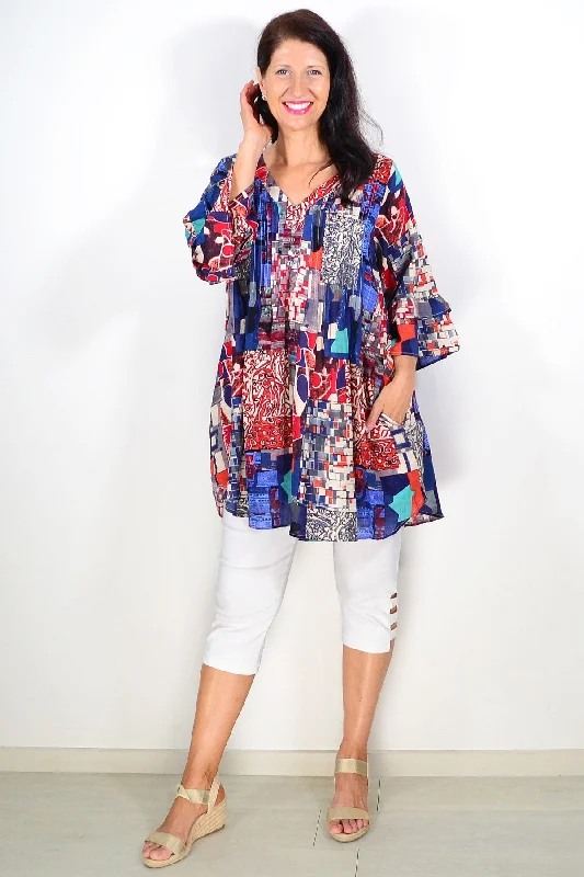 New Markdowns Kaira Blue Red Ladies Tunic Top