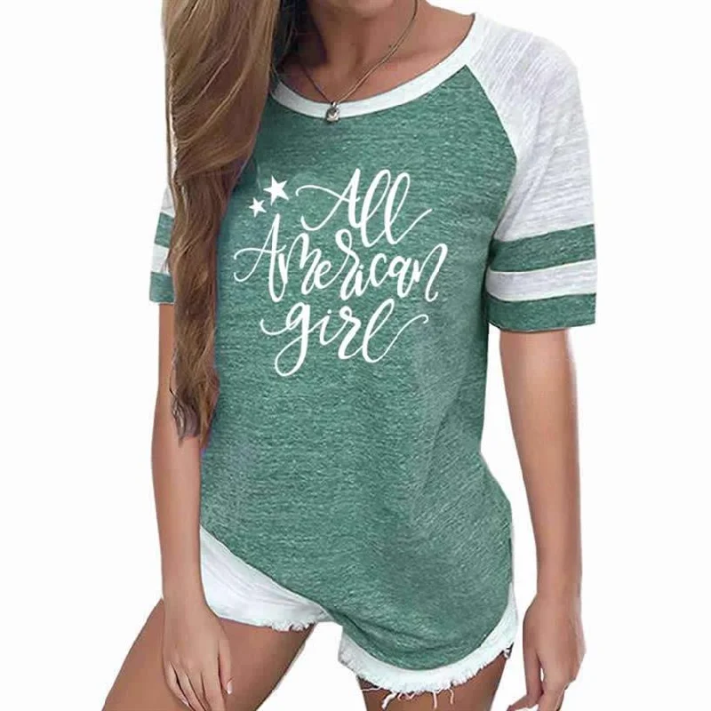 Factory Direct Sale 2022 Summer Women T-Shirt Stitching Color Funny Letters Print Tops T-Shirt Women O-Neck Cropped Tees Youth Girl Leisure T-shirt