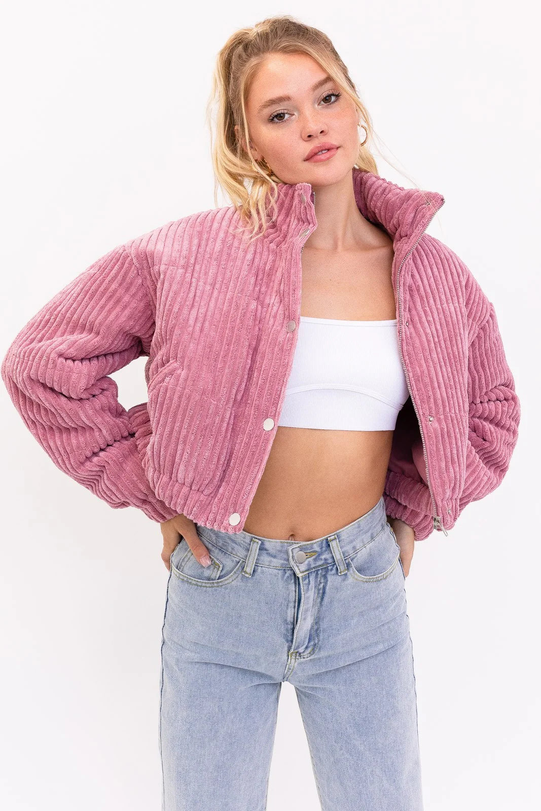 Great Deal Cropped Corduroy High Collar Puffer Jacket