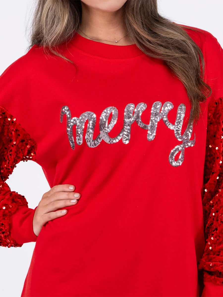 Price Reduction Women s Christmas Loose Pullover Glitter Sequin Long Sleeve Crew Neck Reindeer Printed Sweatshirt with Pockets