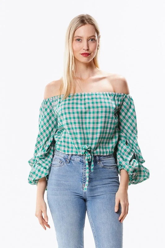 Instant Deal Open Shoulder Plaid Top