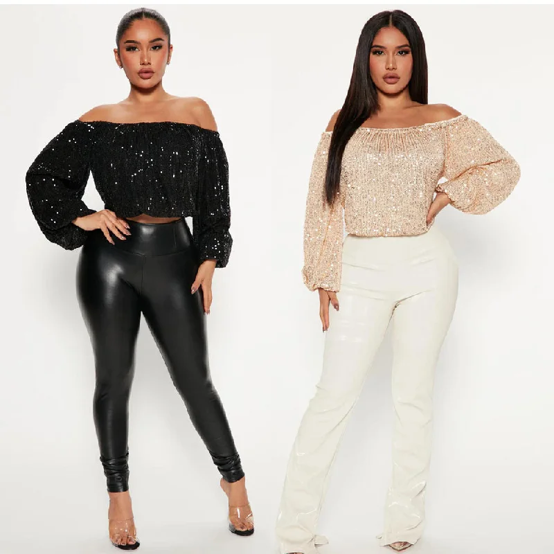 Friends and Family Sale C1104TA21 Dropshipping Sexy Off Shoulder Sequin Crop Top For Ladies Sehe Fashion