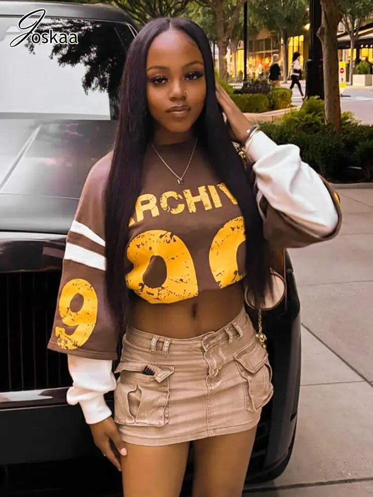 Steals and Deals Joskaa Letter Print Sports Style Fake Two Piece Sweatshirt Women Hipster Contrast Color Long Sleeve Loose Tops Y2K Streetwear