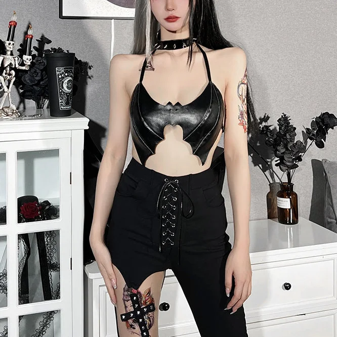 Don't Miss Out Dark Bat Leather Halter Halter Strap Crop Tops Wholesale Women'S Tops