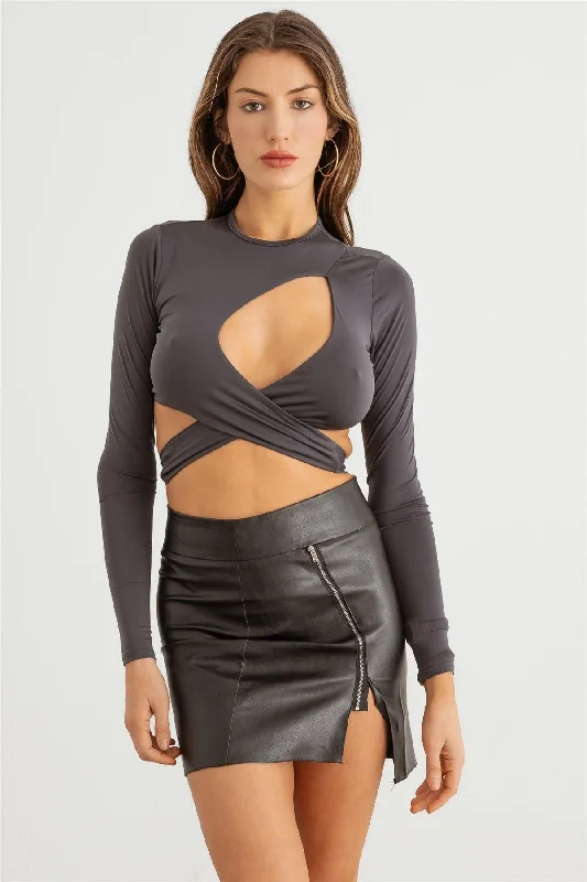 Overstock Cut-Out Self Back Tie Long Sleeve Crop Top