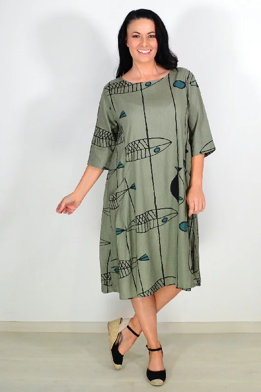 Special Price Khaki Cotton Linen Tunic Dress
