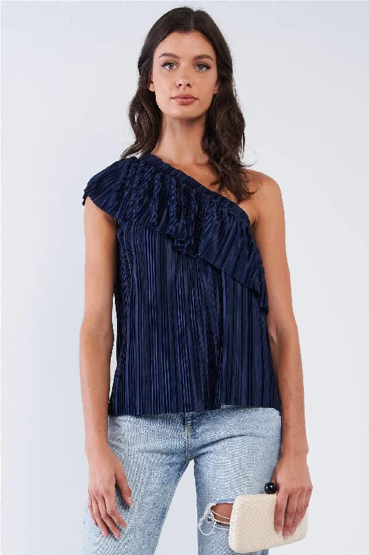 Weekend Offers That Shine Solid Navy Blue Satin Crinkle Asymmetric Off-One-Shoulder Ruffle Detail Top Weekend Offers That Shine Solid Navy Blue Satin Crinkle Asymmetric Off-One-Shoulder Ruffle Detail Top