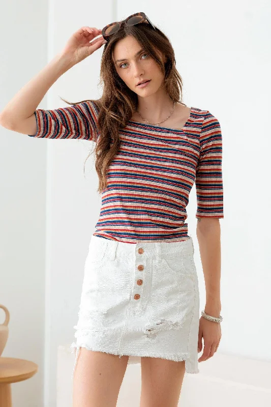 Deal Dash Multi Color Striped Square Neckline Rib Knit Top