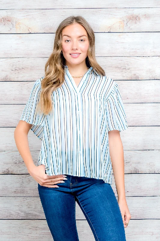 Limited Time Offer Striped Print Button Down Short Sleeve Top With Tie Back Detail In  (ET63407B)