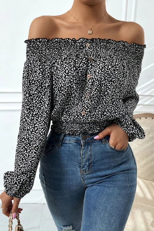 Exclusive Weekend Offers Inside Leopard Print Frill Trim Off-Shoulder Top