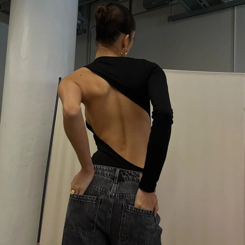 Weekend Deal CUTENOVA Y22BS533 Women Oblique Backless Single Sleeve Bodysuit Tight Sexy Jumpsuits 2022