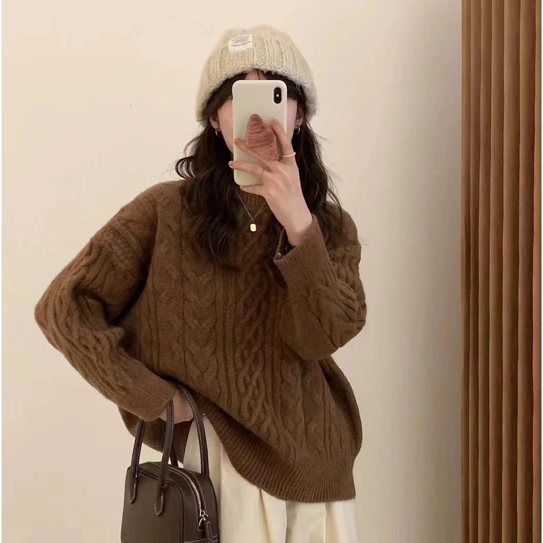 Low Prices 2024 Spring women high quality crew neck solid color long sleeve oversize cable knit pullover sweater jumper Low Prices 2024 Spring women high quality crew neck solid color long sleeve oversize cable knit pullover sweater jumper